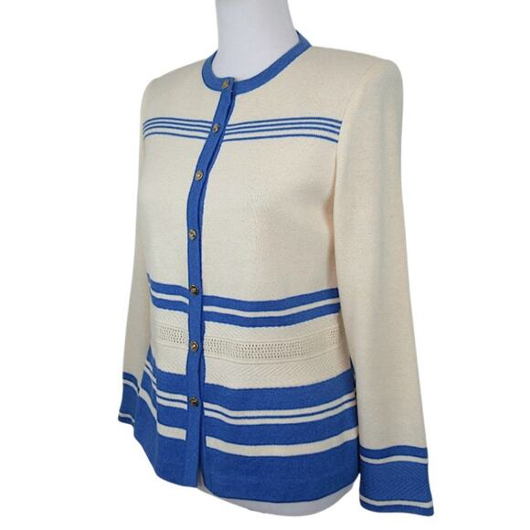 ST. JOHN Santana Knit Cream & Blue Striped Button Front Jacket Women's Size 4 - Picture 2 of 13